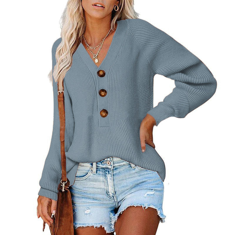 Damen Pullover V-Ausschnitt Holzknöpfe Norvielle