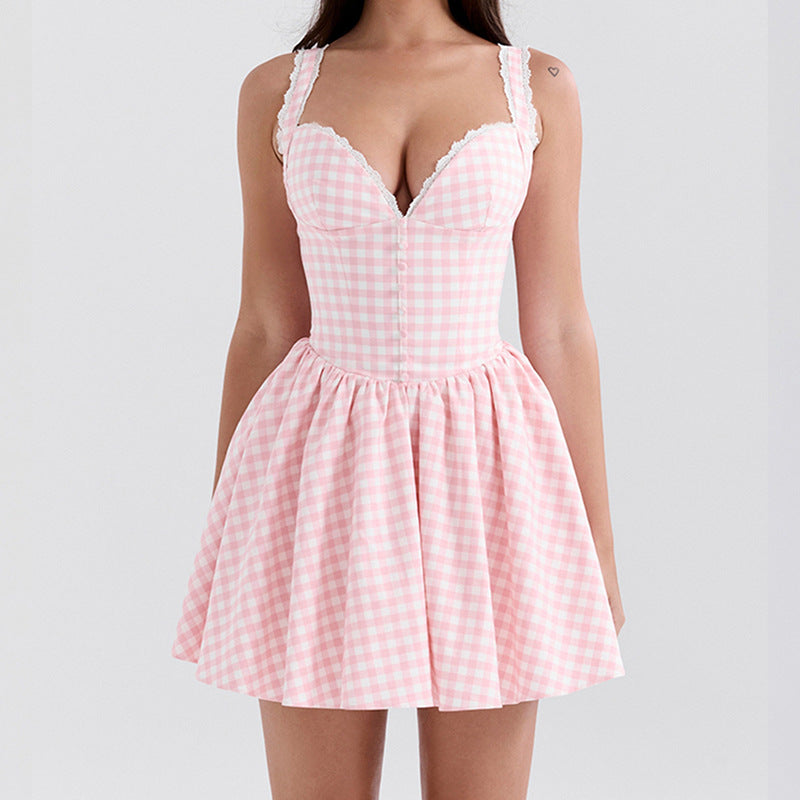 Damen Minikleid V-Schnitt Karomuster Rüschendetails - Norvielle