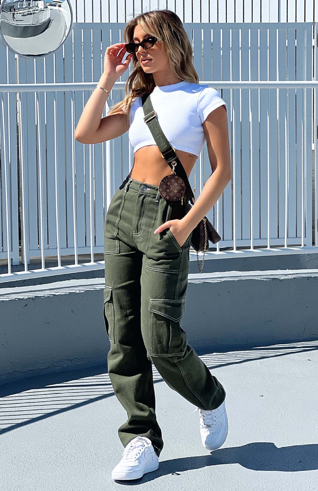 Damen Cargohose Hochbund Mit Seitentaschen