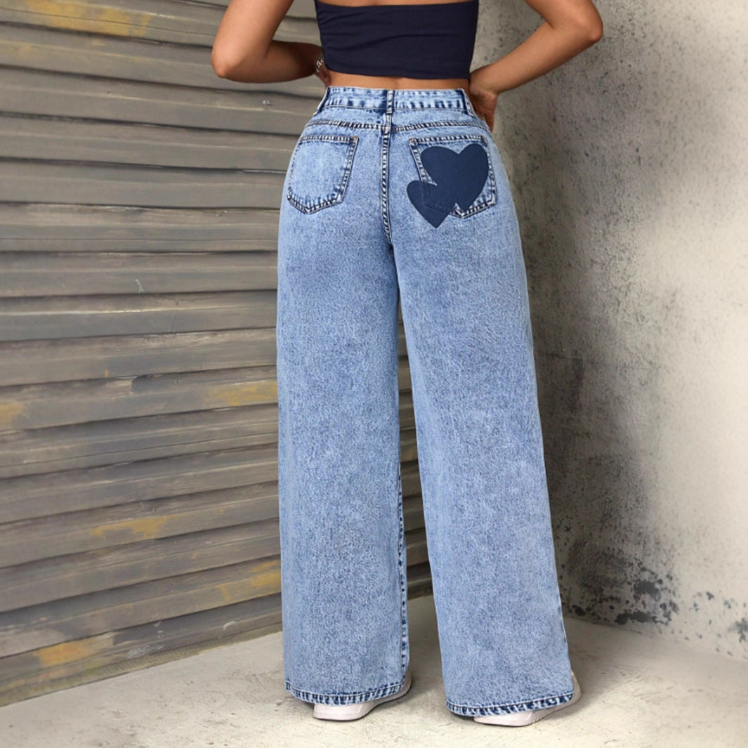 Damen Weite Jeans Herzen-Applikationen Norvielle