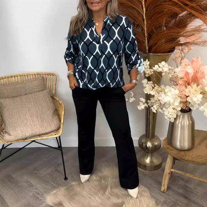 Damen Bluse Graphisches Muster Seitentaschen Norvielle