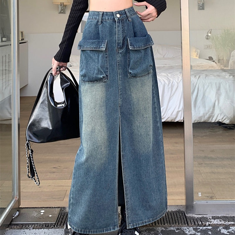 Damen Denimrock Lang Mit Taschen Blau - Norvielle