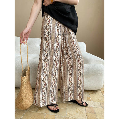 Damen Palazzo Hose Elastischer Bund Geometrisches Muster Beige - Norvielle