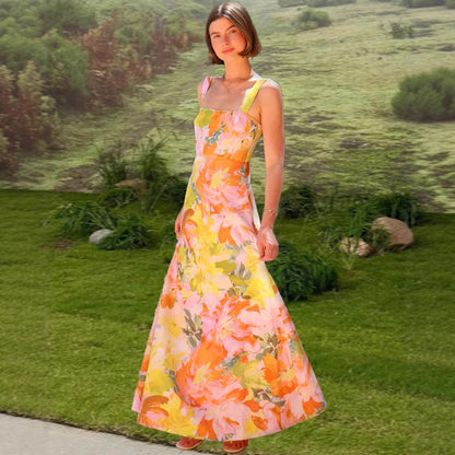 Damen Maxikleid Tailliert Spaghettiträger Floral Norvielle