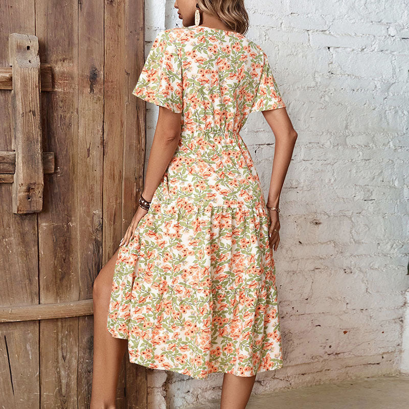 Damen Blumenkleid V-Ausschnitt Knopfleiste Blumenmuster
