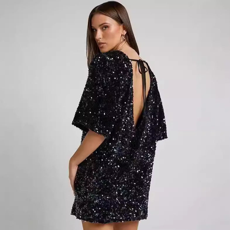 Damen Pailletten-Kleid Lockere Ärmel Rundhalsausschnitt Glitzernd