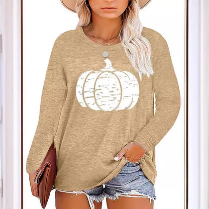 Damen Langarmshirt Kürbis-Motiv Baumwolle Herbstfarben