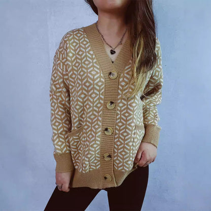 Damen Strickjacke Geometrisches Muster Goldton Norvielle