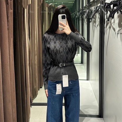 Damen Strickjacke Karomuster Mit Abnehmbarem Gürtel Norvielle