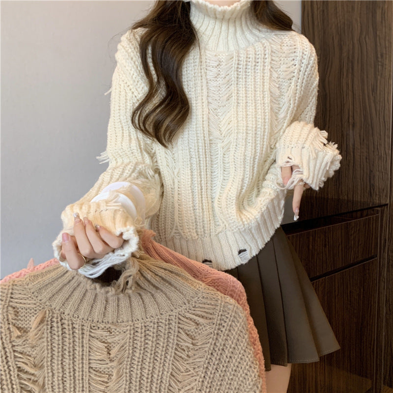 Damen Grobstrickpullover Hochkragen Modern Fransen