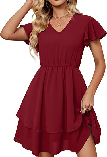 Damen Freizeitkleid Fließender Rock Rüschenärmel Norvielle