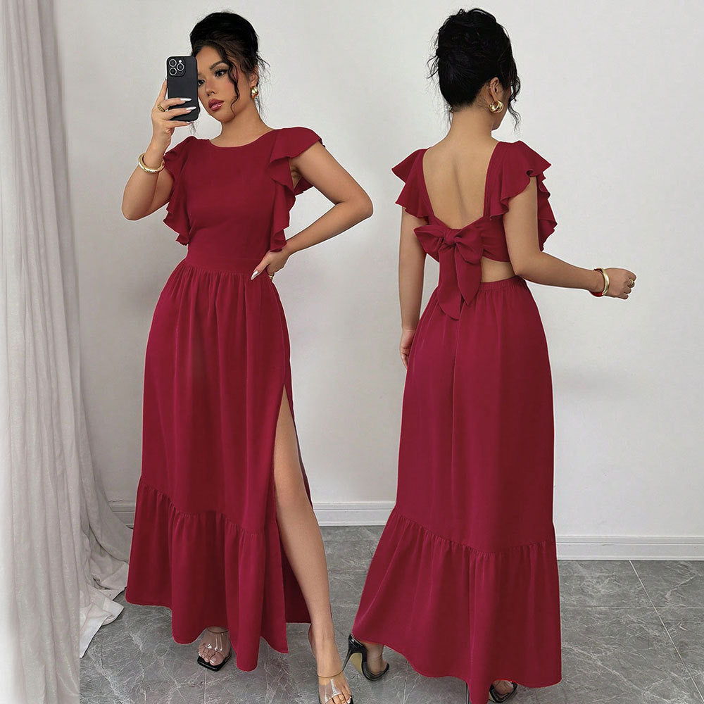 Damen Maxikleid Voluminöse Rüschen Rückenausschnitt Norvielle - Norvielle