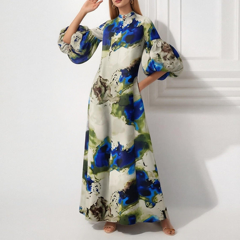 Damen Maxikleid Voluminöse Puffärmel Bunt
