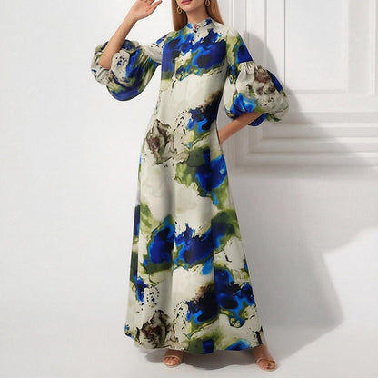Damen Maxikleid Voluminöse Puffärmel Bunt