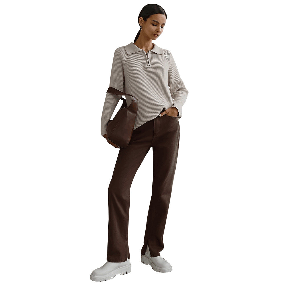 Damen Rippstrickpullover Weiches Baumwollmix Beige