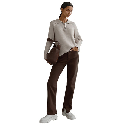 Damen Rippstrickpullover Weiches Baumwollmix Beige
