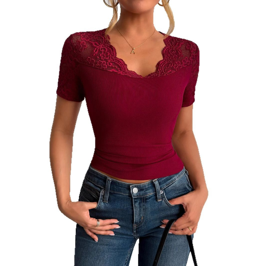 Damen Spitze Manschettenbluse Kurze Ärmel Spitze Ausschnitt Weiß