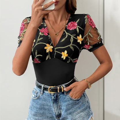 Damen Body mit floralem Spitzenbesatz V-Ausschnitt