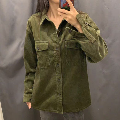 Damen Kordjacke Lässig Brusttaschen Beige - Norvielle