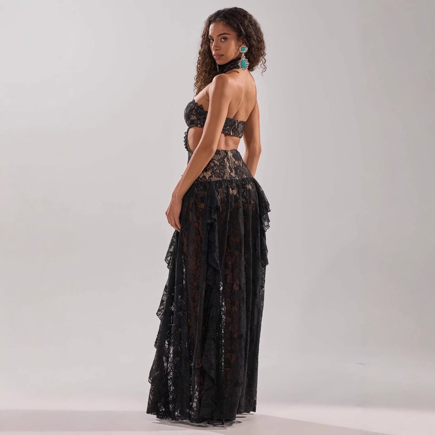 Damen Spitzentraumkleid Hochgeschlossener Kragen Fließender Rock