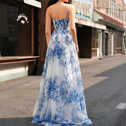 Damen Maxikleid Florales Muster Schwingender Rock