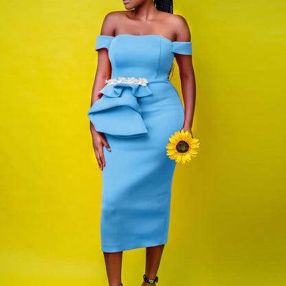 Damen Midi-Kleid Asymmetrische Träger Floralmuster