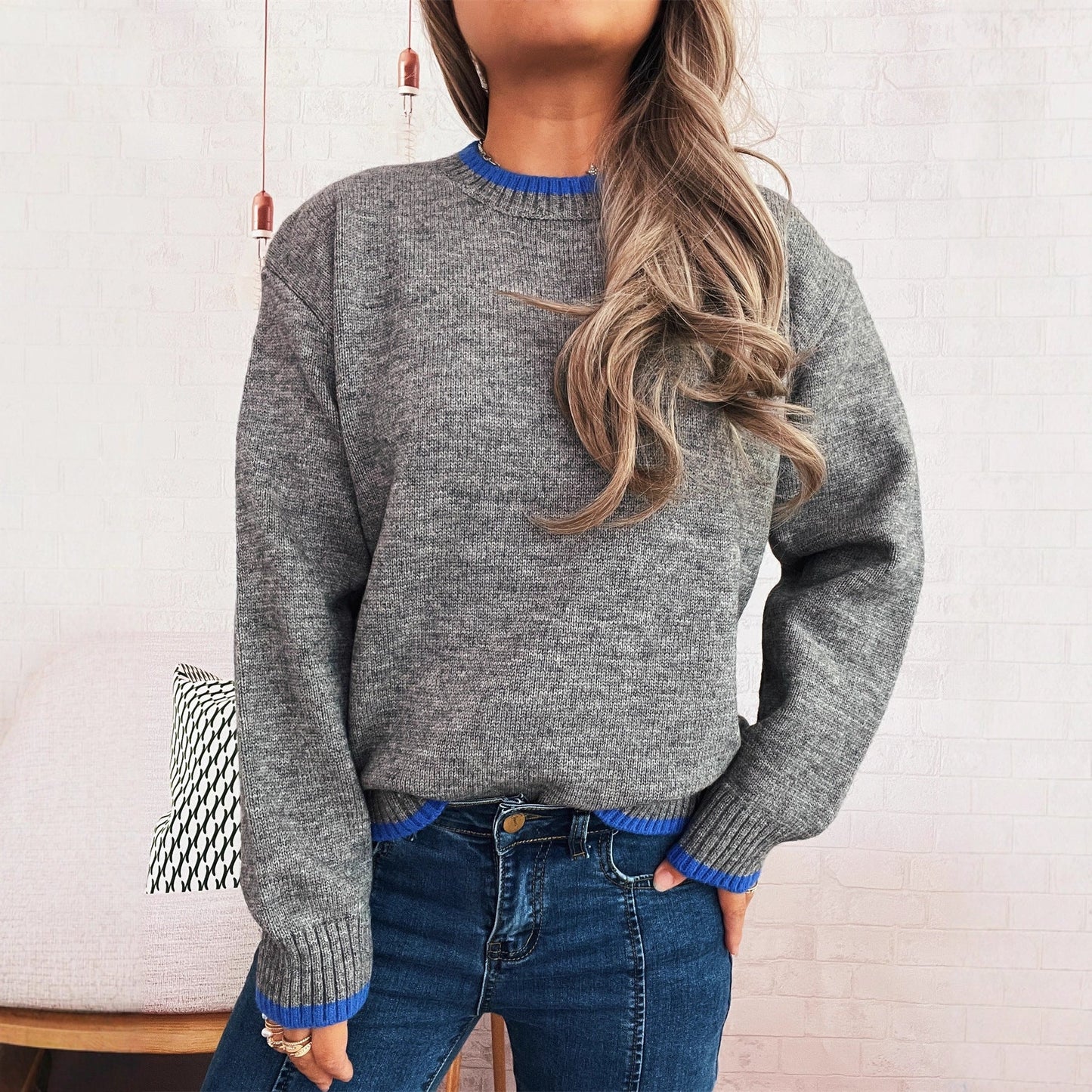 Damen Pullover Lässiger Stehkragen Rippdetails Beige