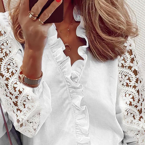 Damen Bluse Rüschendetails Spitzenärmel Elegant Weiß - Norvielle