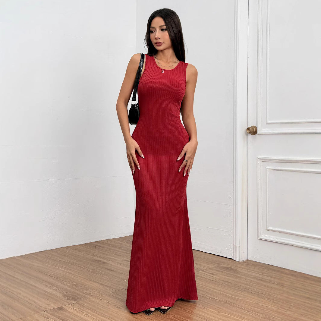 Damen Ripp Maxi-Kleid Figurbetont Rundhalsausschnitt Norvielle
