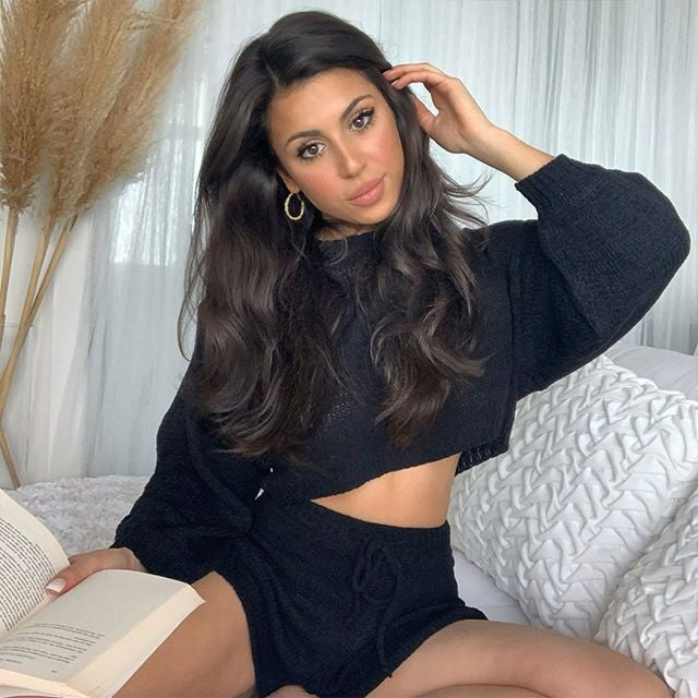 Damen Cropped Strickanzug mit lockeren Shorts und Ärmeln