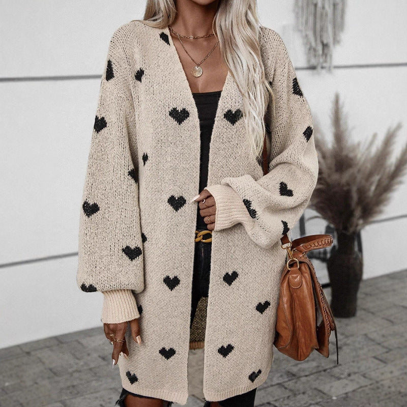Damen Strickjacke Herzmuster Lässig Beige