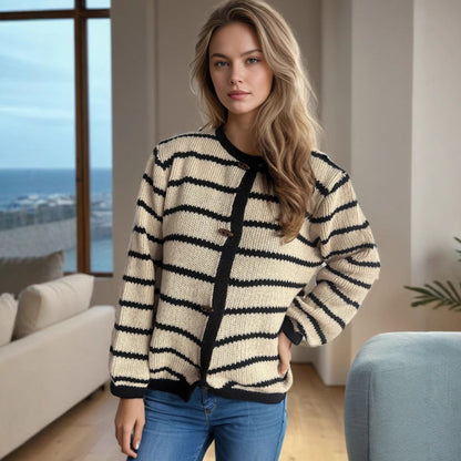 Damen Strickcardigan Lässig Holzknöpfe Streifenmuster Beige - Norvielle
