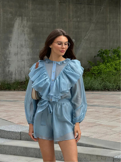 Damen Chiffon-Set mit Rüschendetails und Taillengürtel