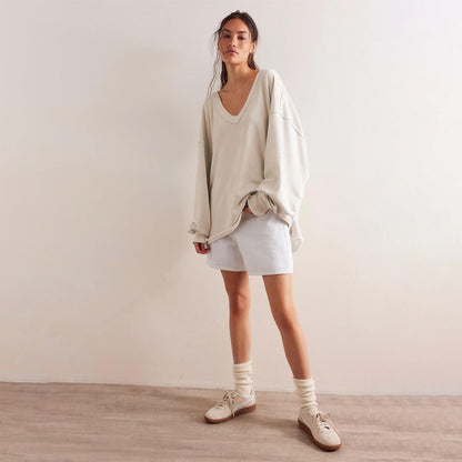Damen Oversized Sweatshirt V-Ausschnitt Lässiger Schnitt Beige