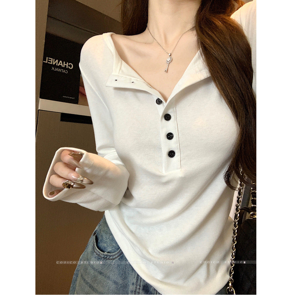 Damen Langarmshirt mit Knopfleiste aus Baumwolle Weiß