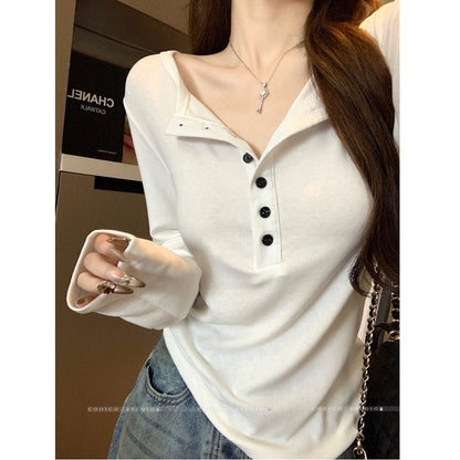Damen Langarmshirt mit Knopfleiste aus Baumwolle Weiß