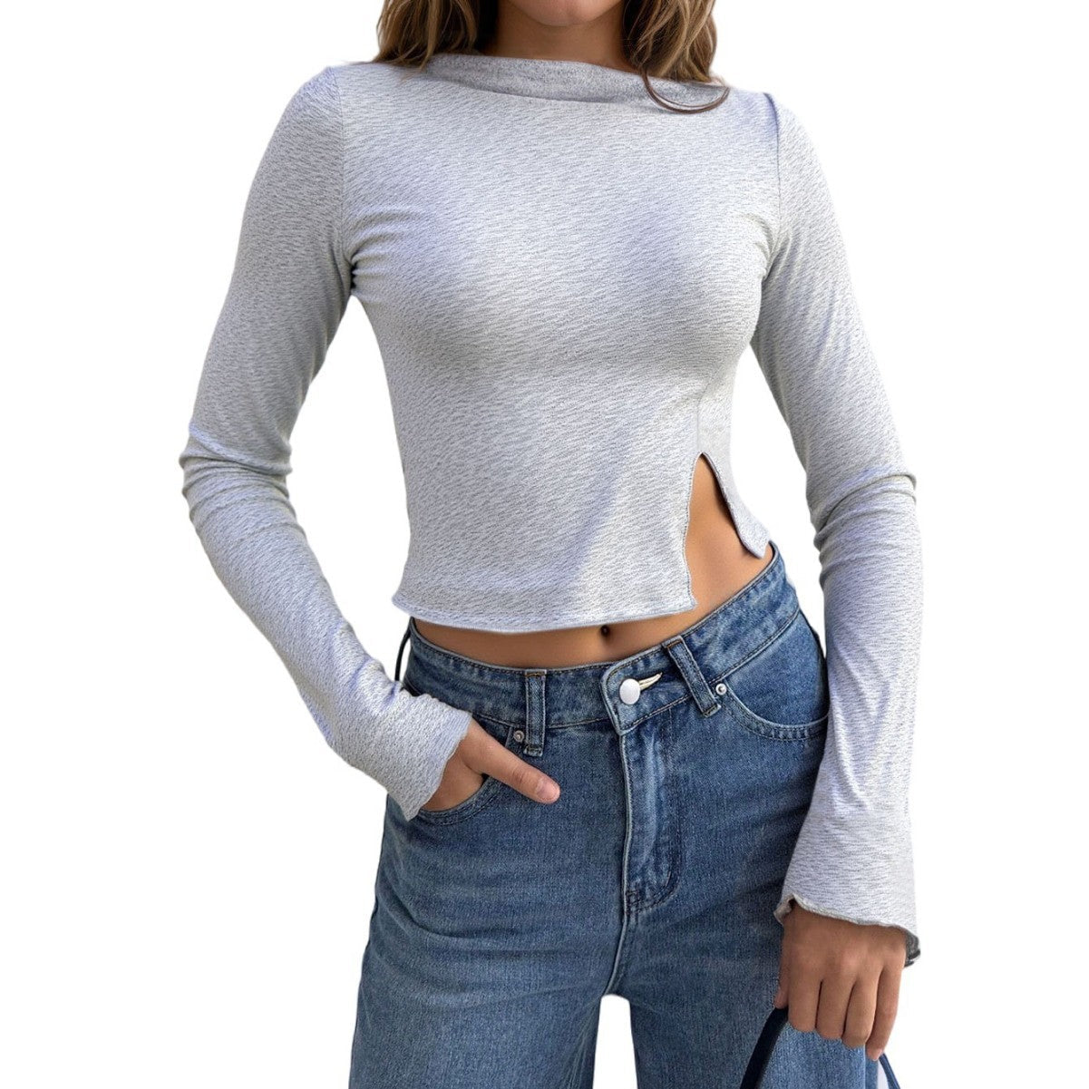 Damen Cropped Langarmshirt mit Seitenschlitz Elegant