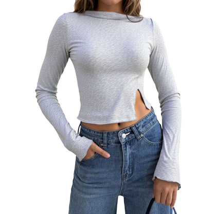 Damen Cropped Langarmshirt mit Seitenschlitz Elegant