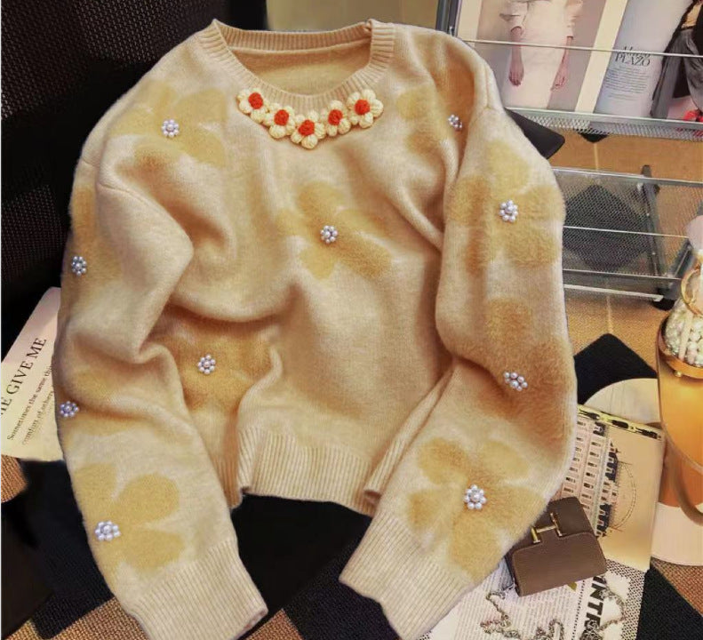 Damen Strickpullover Florales Design Perlen