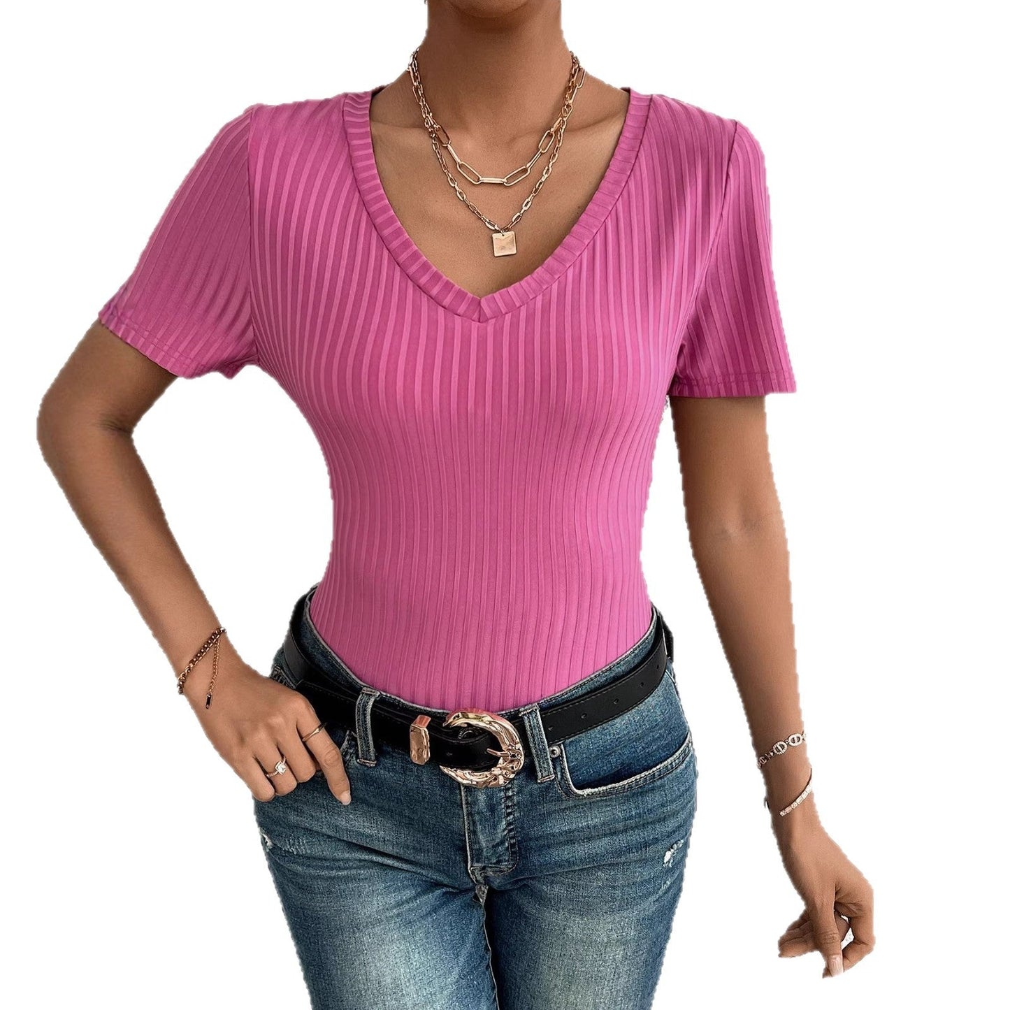 Damen Kurzarmshirt V-Ausschnitt Rippstruktur Norvielle