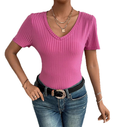 Damen Kurzarmshirt V-Ausschnitt Rippstruktur Norvielle