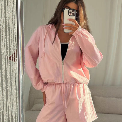 Damen Sportset Kurzarm Kapuzenjacke Elastisch