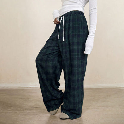 Damen Karohose Elastischer Bund Verstellbarer Kordelzug
