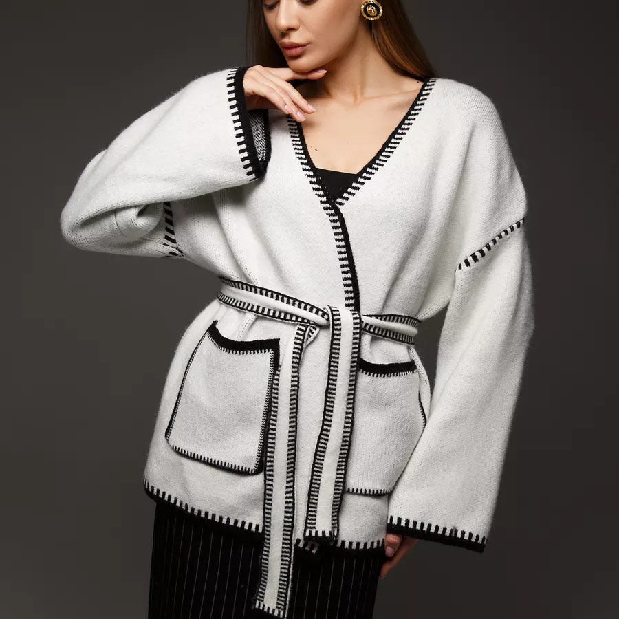 Damen Strickcardigan Mit Taillengürtel Und Taschen Beige