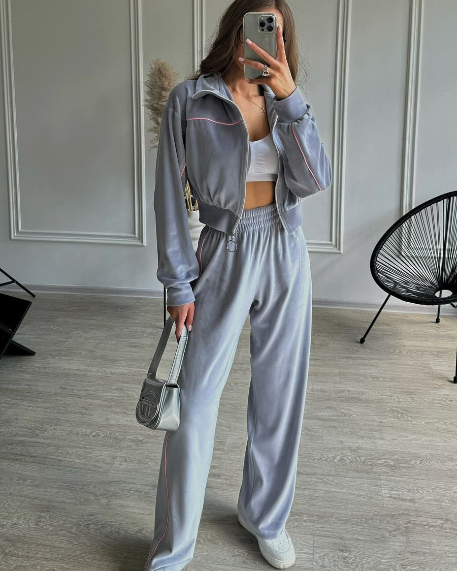 Damen Velours Joggingset Hochkragen Reißverschluss Norvielle