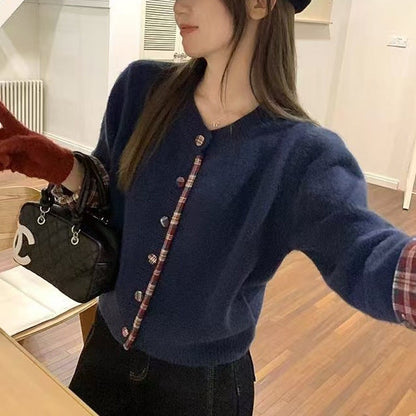 Damen Strickjacke Karomuster mit Knöpfen Norvielle