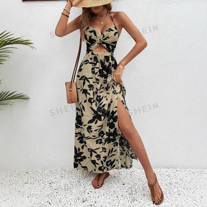 Damen Maxikleid Florales Design Seitenschlitz Norvielle