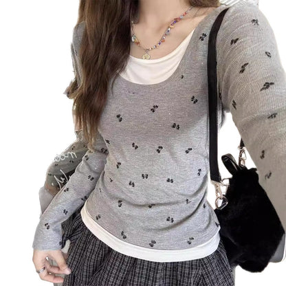 Damen Langarmshirt Florales Muster Baumwolle