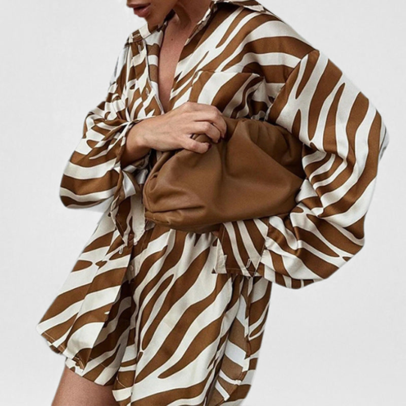 Damen Oversized Hemd Zebra-Print Kurzärmelig Weiß/