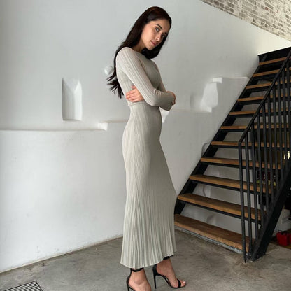 Damen Maxikleid Rippstrick Langärmlig Figurbetont